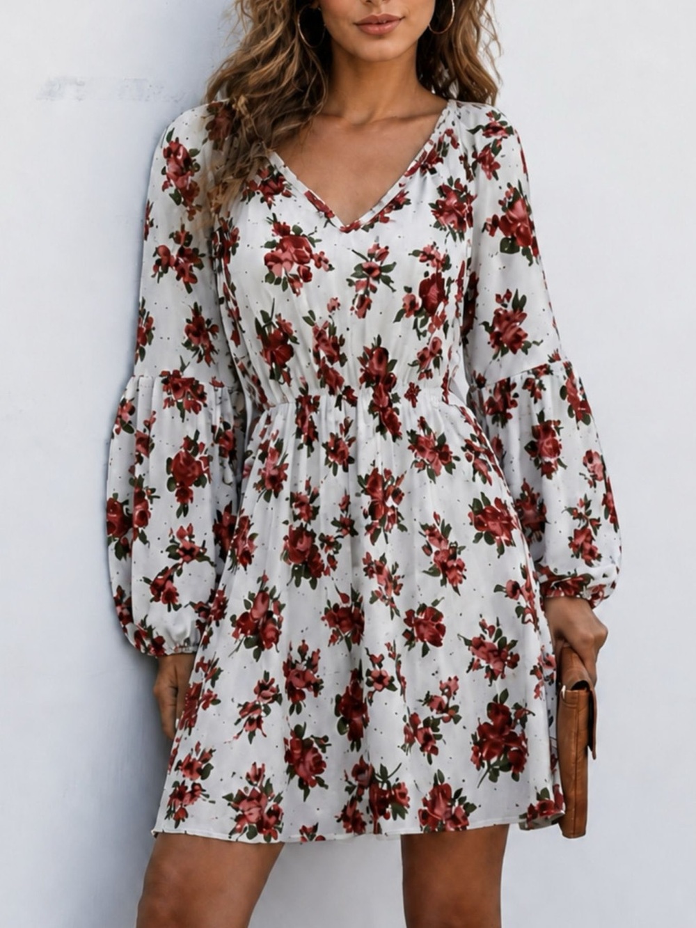 Floral Print V-Neck Long Sleeve Mini Dress